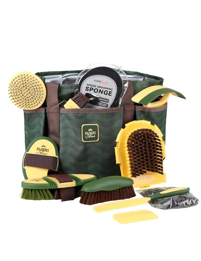 Furrishine 11PCS Horse Grooming Kit Curry Comb Sweat Scraper Horse Bathing Supplies Grooming Tools with Storage Bag Pasture Glow - Image 1